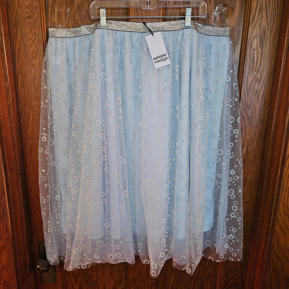 Unique Vintage Blue & Silver gritter Circles pleated Hilty Skirt Sz 5X